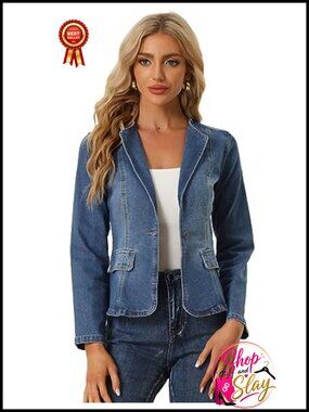 Women's Fitted One Button Collarless Denim Blazer Jean Jacket